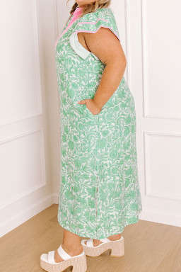 Plus Size Green  Contrast Trim Flutter Sleeve Floral Kaftan Maxi Dress