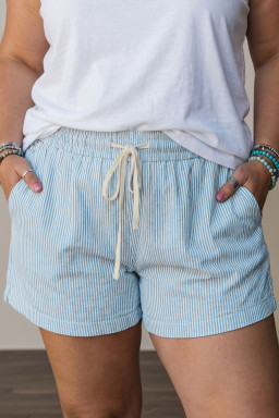 Plus Size Sky Blue Stripe  Contrast Drawstring Elastic Waist Denim Shorts