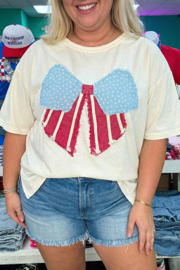 Plus Size White Distressed Flag Bow Patched  T Shirt