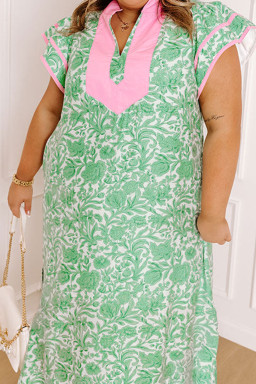 Plus Size Green  Contrast Trim Flutter Sleeve Floral Kaftan Maxi Dress