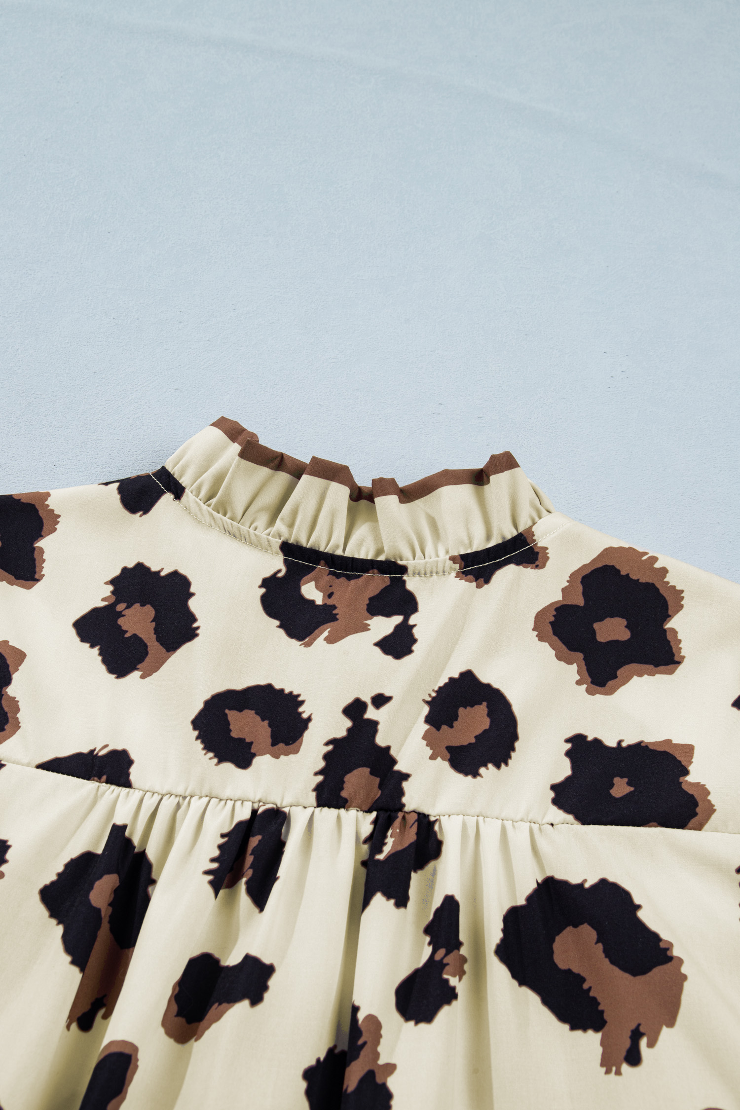 Plus Size Khaki  Leopard Print Frilled Color Block Trim Button Down Short Sleeve Blouse
