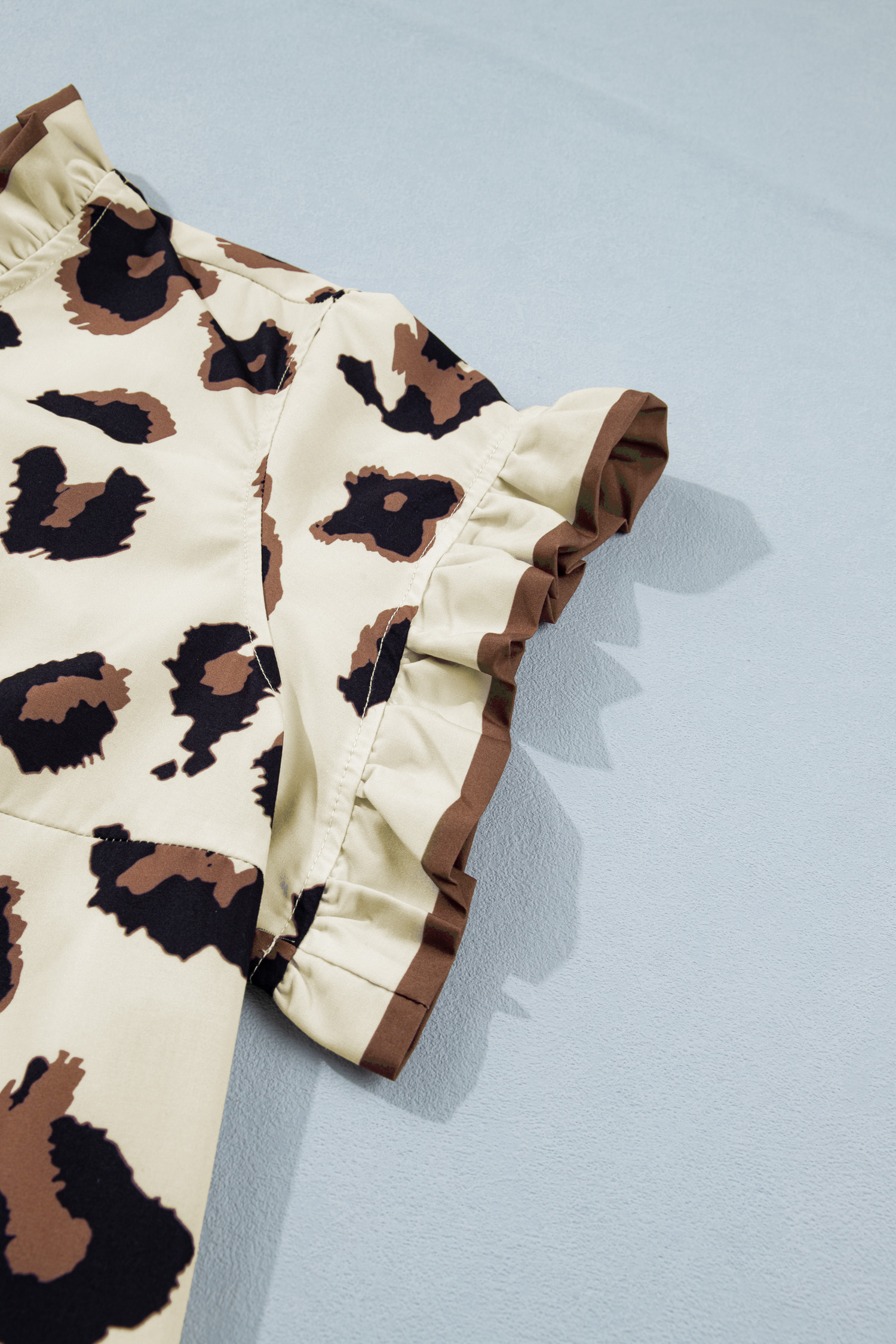 Plus Size Khaki  Leopard Print Frilled Color Block Trim Button Down Short Sleeve Blouse