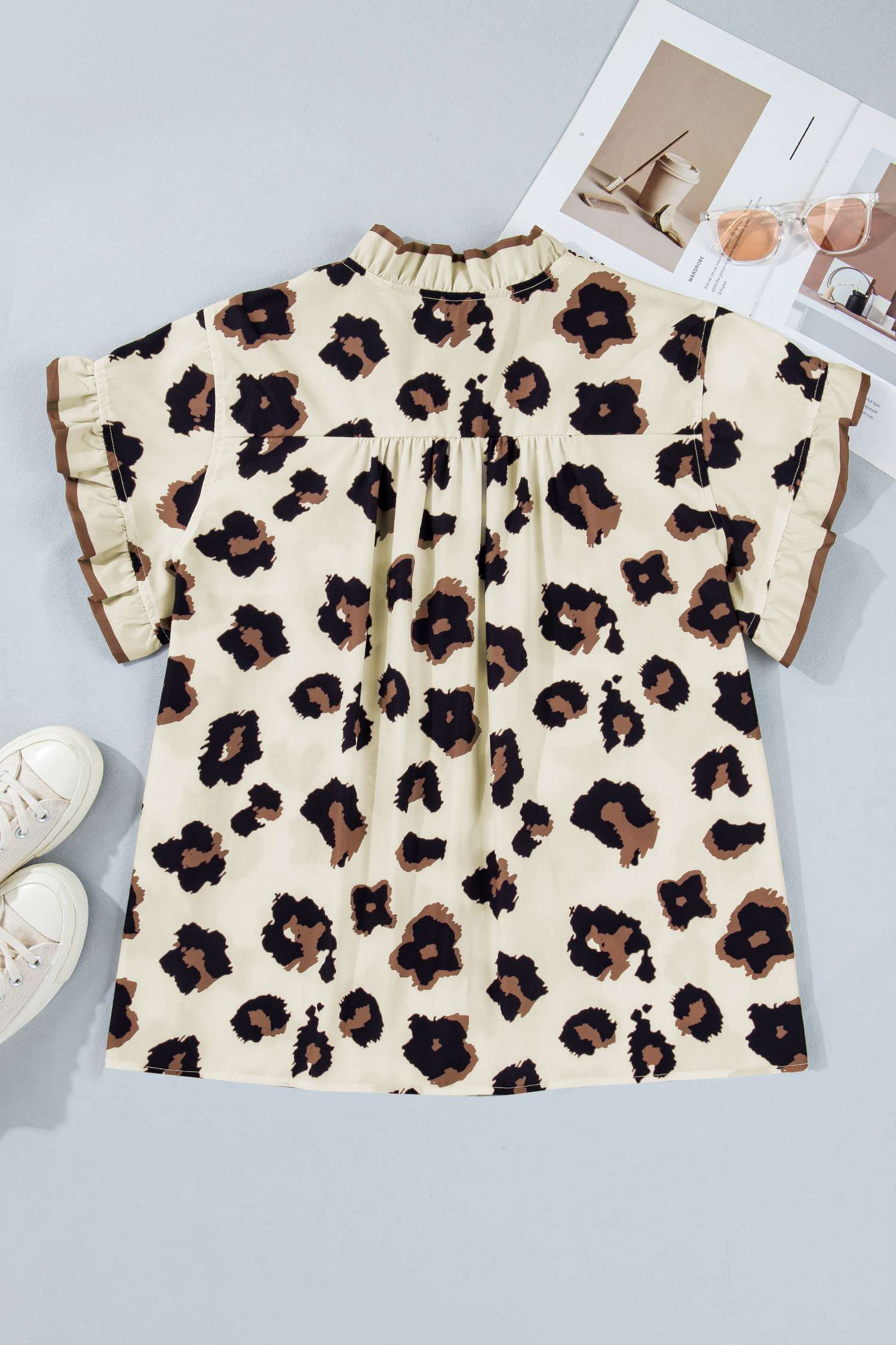 Plus Size Khaki  Leopard Print Frilled Color Block Trim Button Down Short Sleeve Blouse