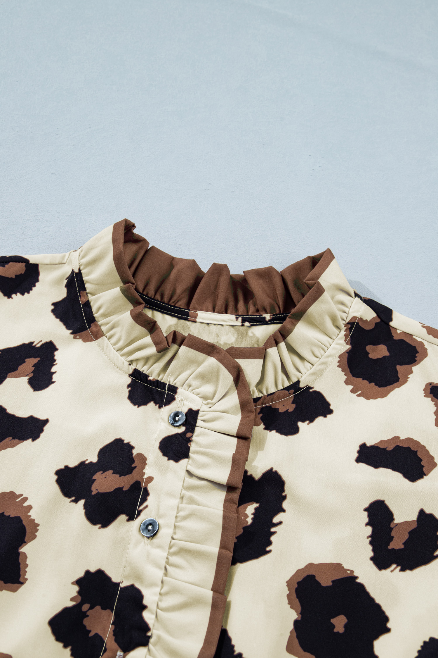 Plus Size Khaki  Leopard Print Frilled Color Block Trim Button Down Short Sleeve Blouse