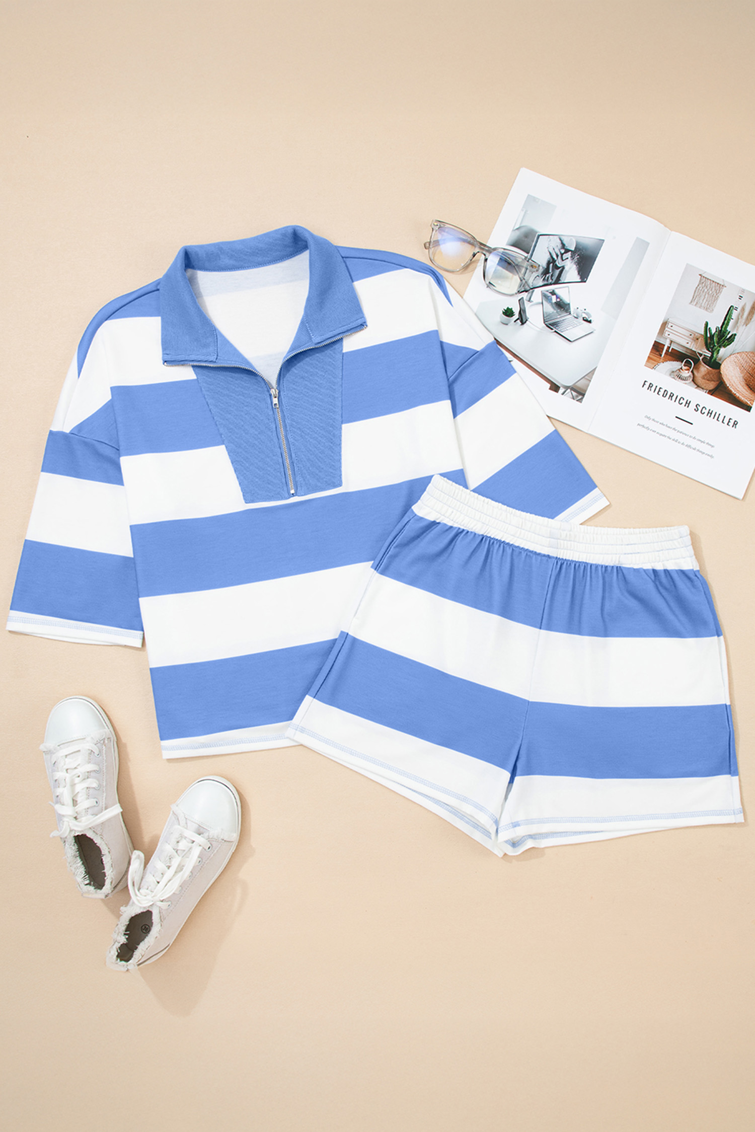 Plus Size Sky Blue Stripe Drop Shoulder Zipped Collar T Shirt  Shorts Set