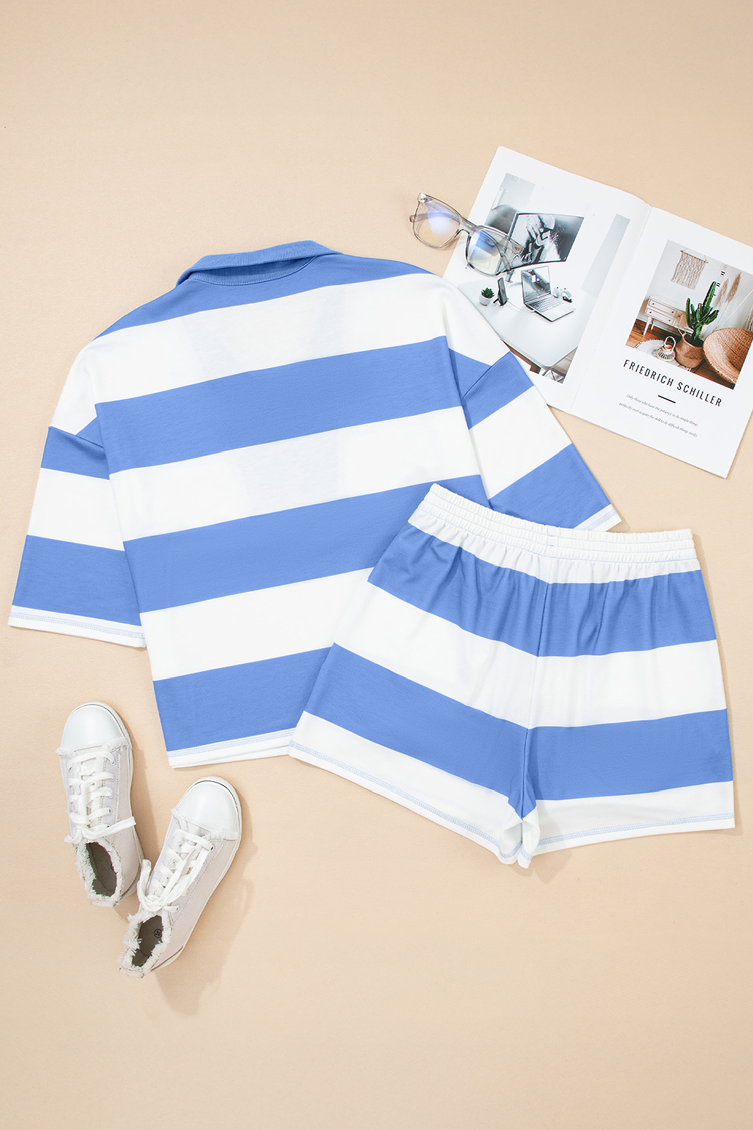 Plus Size Sky Blue Stripe Drop Shoulder Zipped Collar T Shirt  Shorts Set