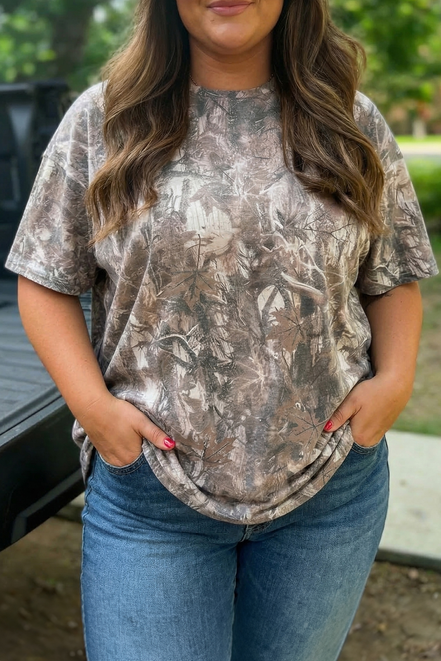 Plus Size Khaki  Woodland Camouflage Print T Shirt