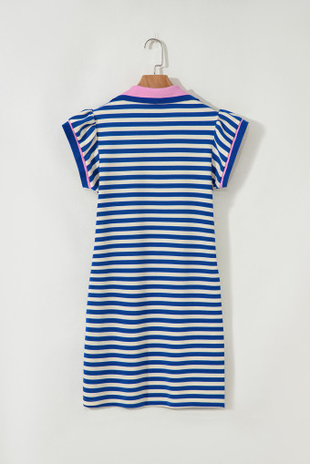 Dark Blue Striped Shift Dress Colorblock V Neck Short Sleeve Casual Summer