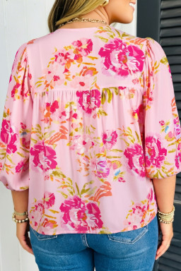 Plus Size Pink  Floral Print V Neck Tie Front Short Sleeve Tunic Top