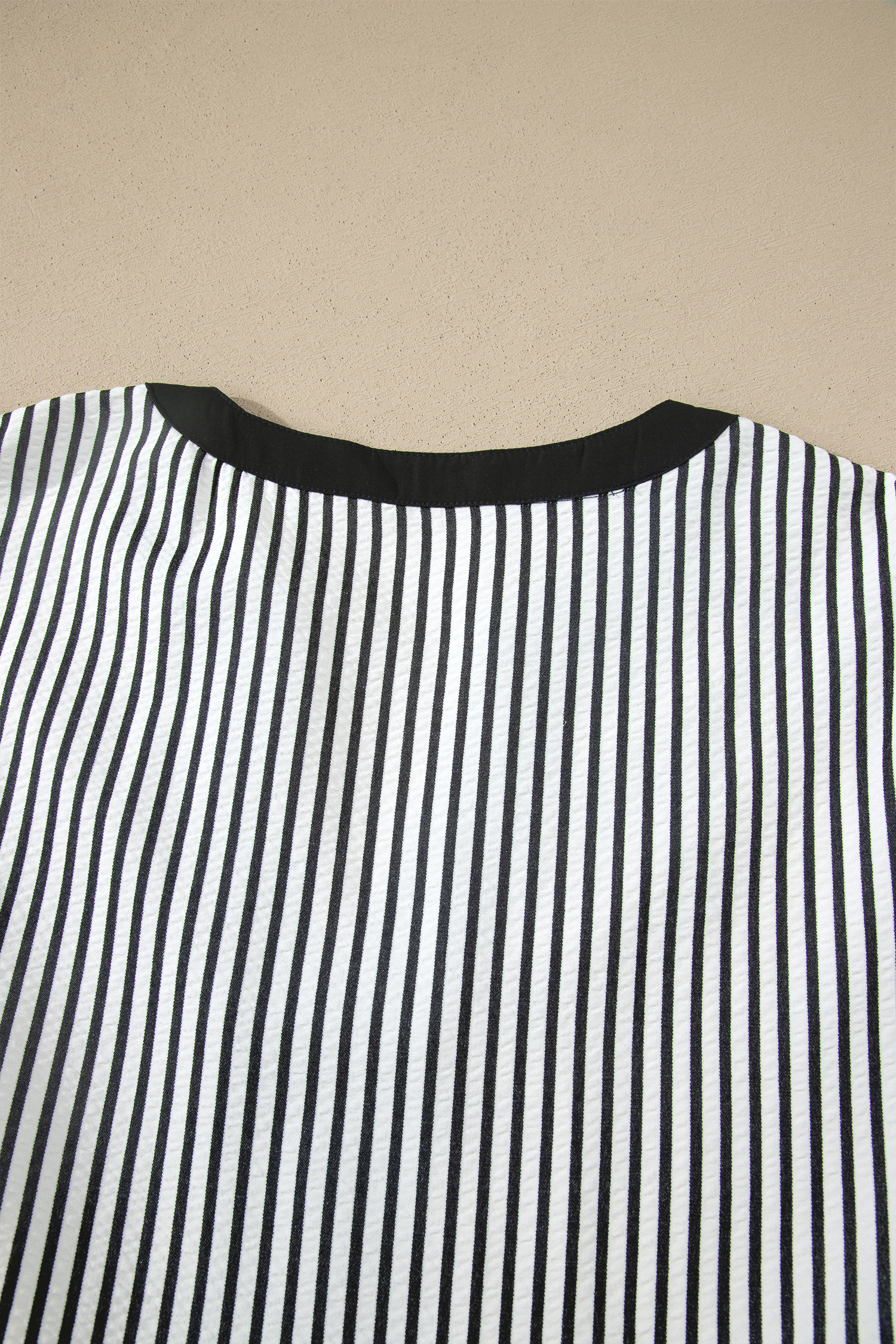 Plus Size Black Stripe  Slit V Neck Tiered Flutter Sleeve Maxi Dress