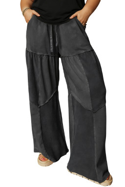 Plus Size Black  Mineral Wash Exposed Seam Patchwork Drawstring Loose Pants