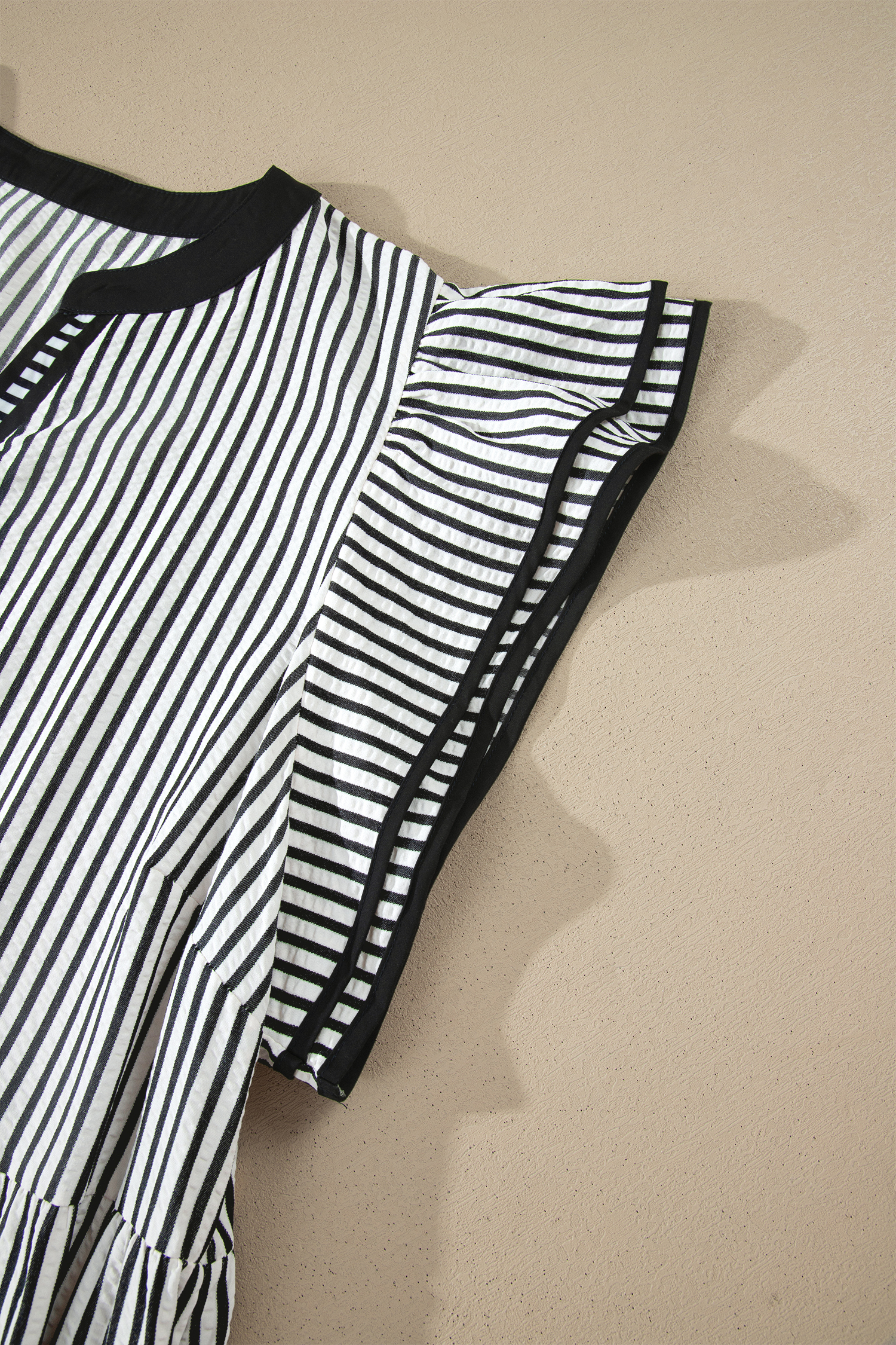 Plus Size Black Stripe  Slit V Neck Tiered Flutter Sleeve Maxi Dress