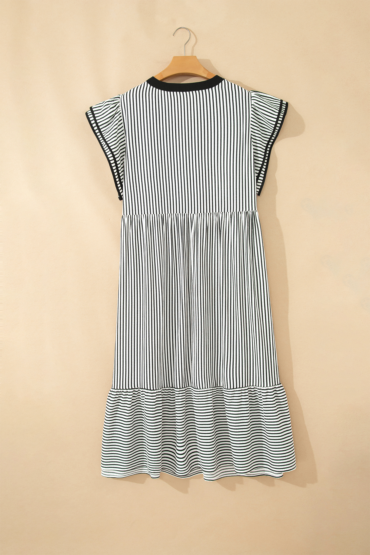 Plus Size Black Stripe  Slit V Neck Tiered Flutter Sleeve Maxi Dress