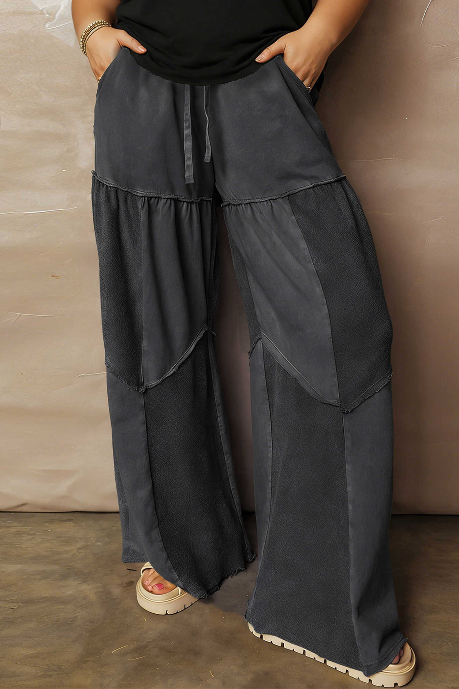 Plus Size Black  Mineral Wash Exposed Seam Patchwork Drawstring Loose Pants