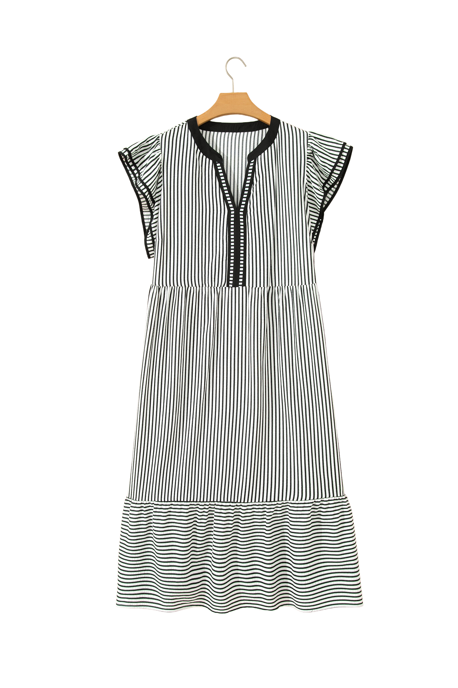 Plus Size Black Stripe  Slit V Neck Tiered Flutter Sleeve Maxi Dress