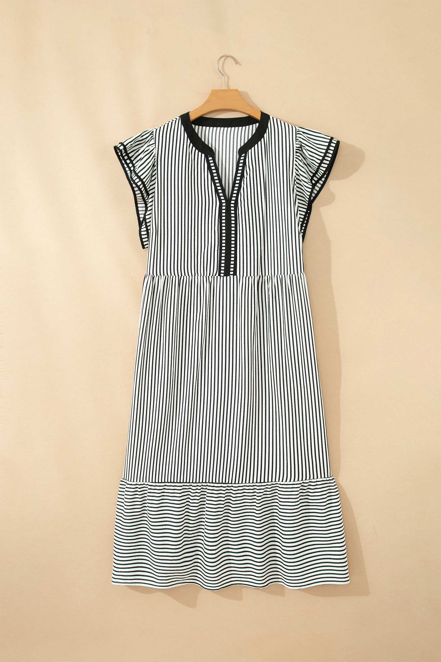 Plus Size Black Stripe  Slit V Neck Tiered Flutter Sleeve Maxi Dress