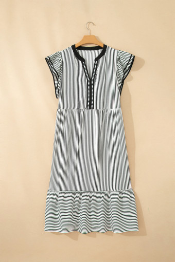 Plus Size Black Stripe  Slit V Neck Tiered Flutter Sleeve Maxi Dress