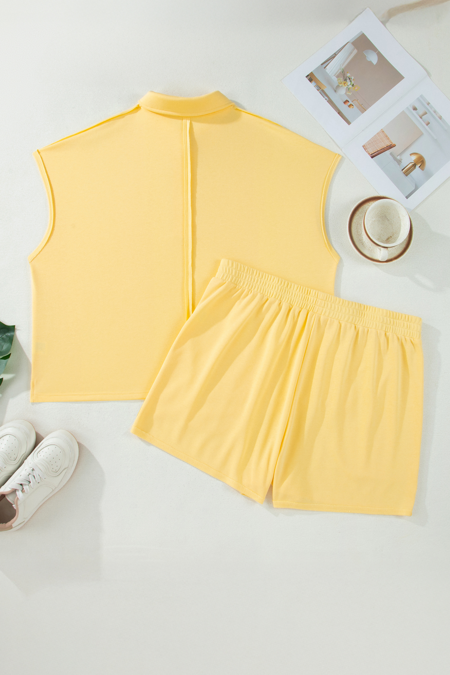 Plus Size Yellow Cream Solid Color Polo Tee Elastic Waist Shorts  Outfit
