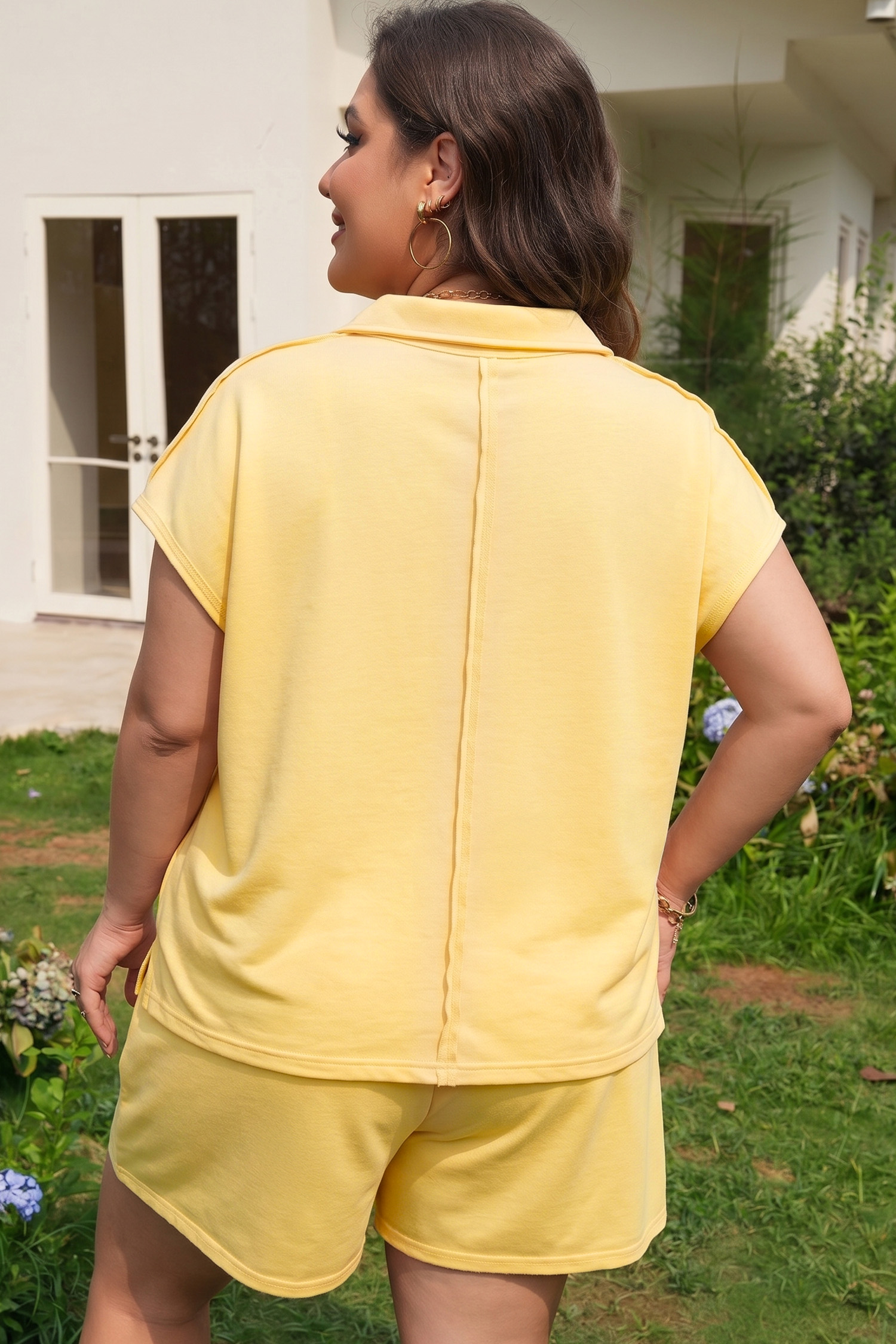 Plus Size Yellow Cream Solid Color Polo Tee Elastic Waist Shorts  Outfit