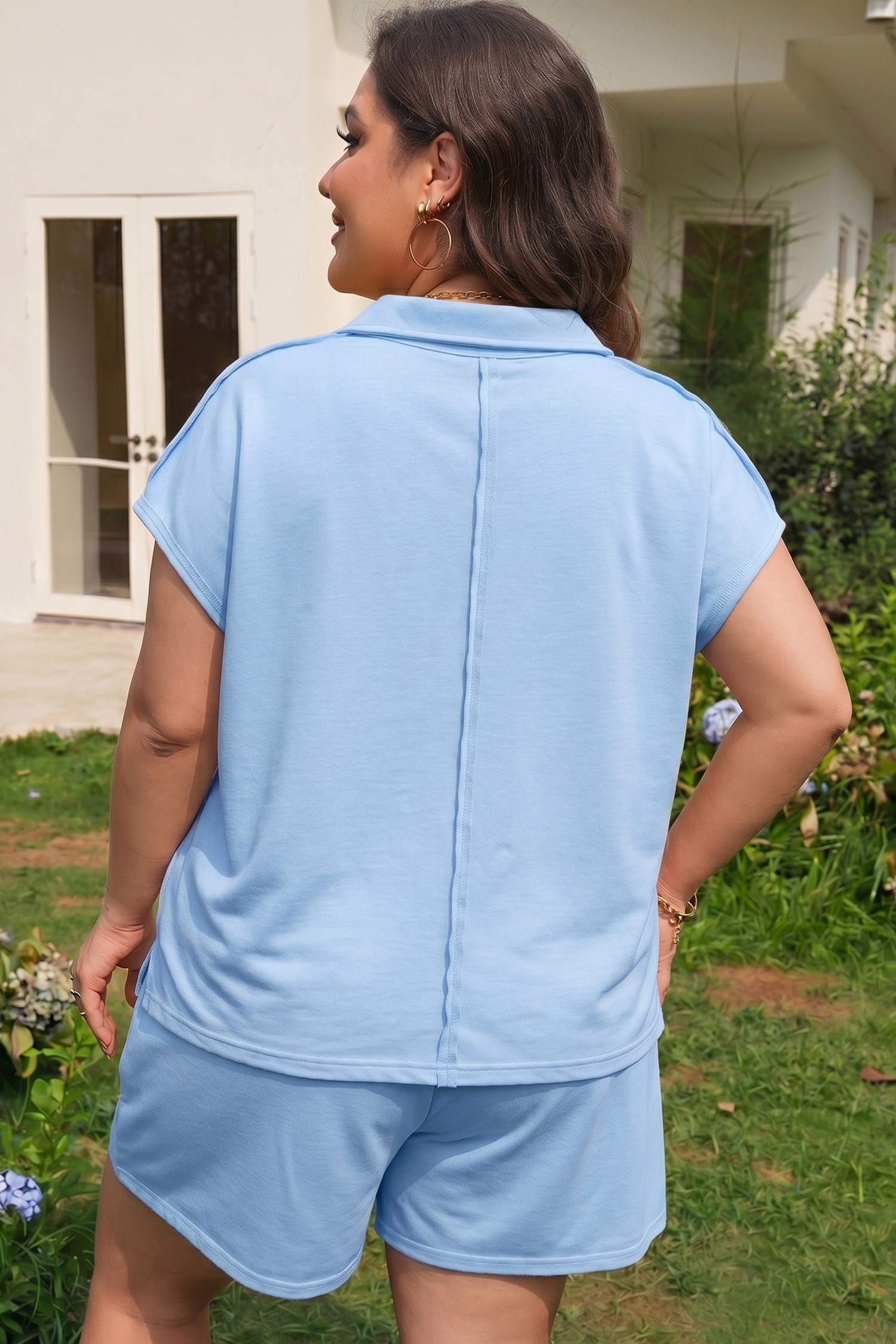 Plus Size Mist Blue Solid Color Polo Tee Elastic Waist Shorts  Outfit