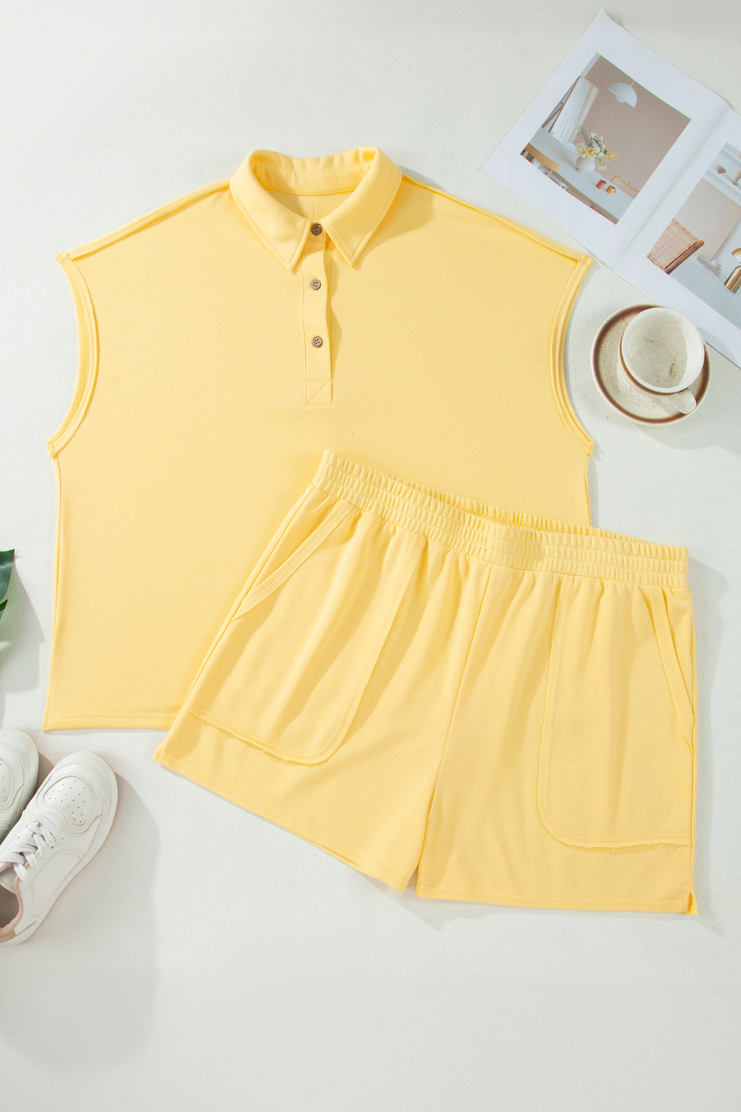 Plus Size Yellow Cream Solid Color Polo Tee Elastic Waist Shorts  Outfit