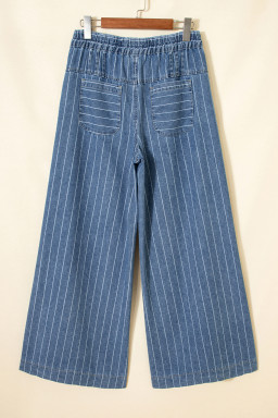 Plus Size Sky Blue Stripe  Buttoned Loose Wide Leg Denim Pants