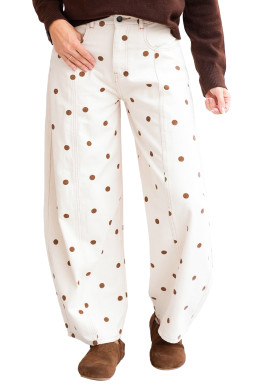 Plus Size Beige Polka Dot Print  Barrel Jeans