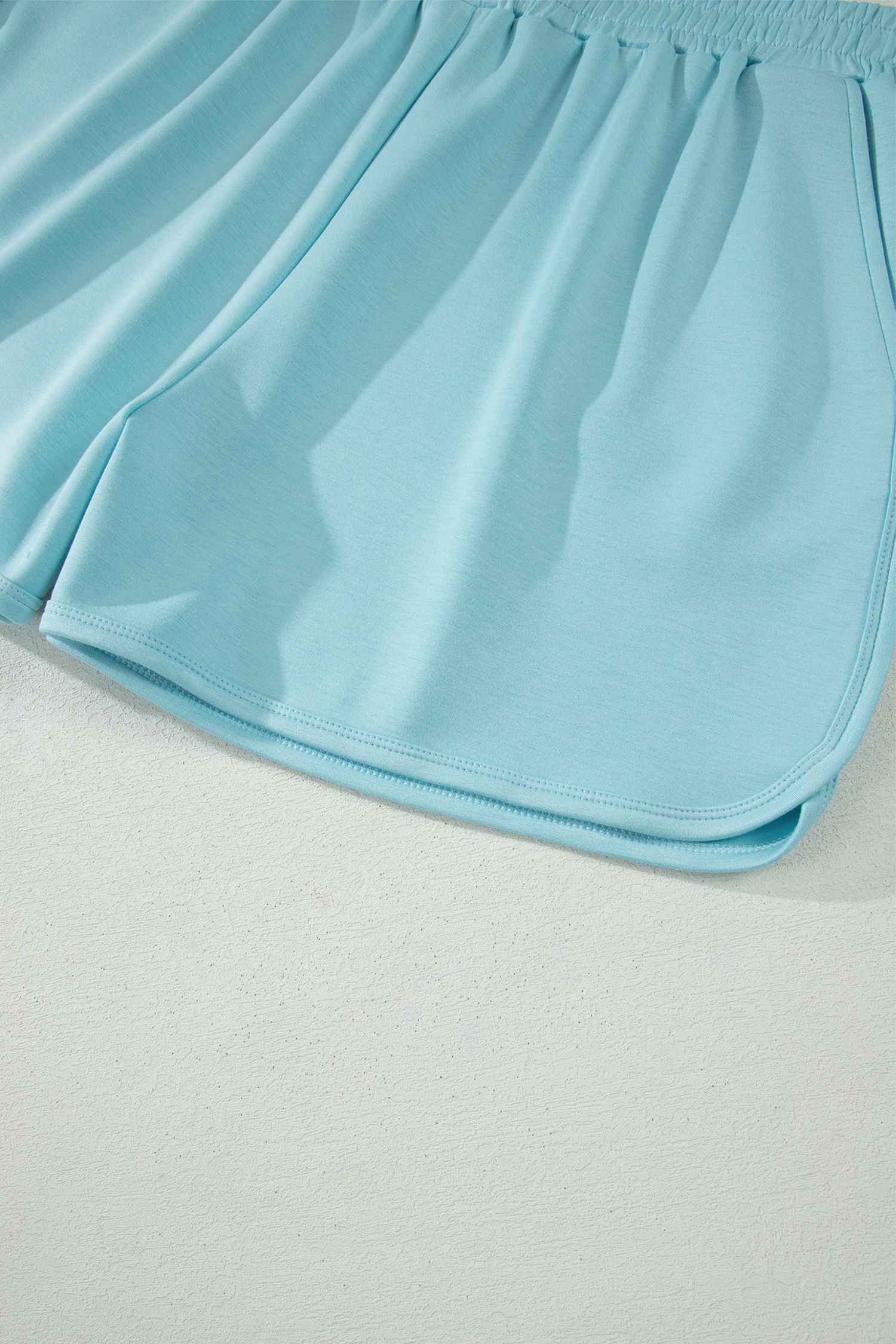Plus Size Mist Blue Solid Color Mock Neck Half Sleeve Top  2pcs Short Set
