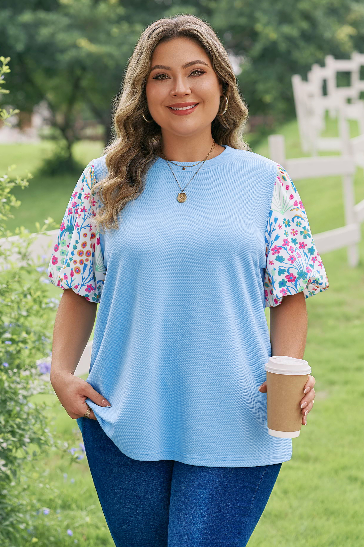 Plus Size Light Blue Textured Bodice Contrast Floral Sleeve  Top