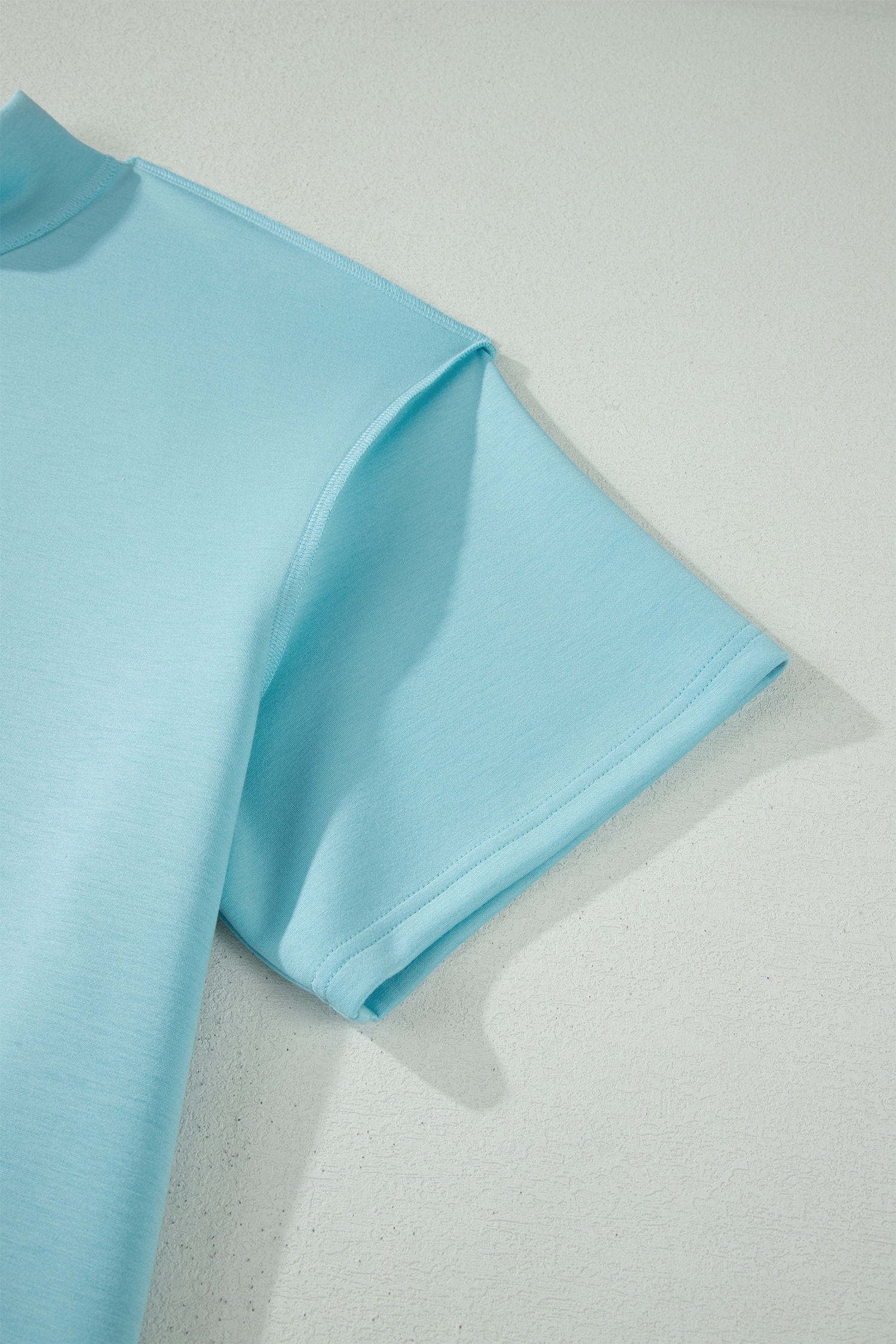Plus Size Mist Blue Solid Color Mock Neck Half Sleeve Top  2pcs Short Set