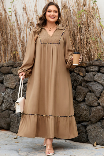 Plus Size Chestnut Smocked V Neckline Leopard Piping Accent Bracelet  Long Dress