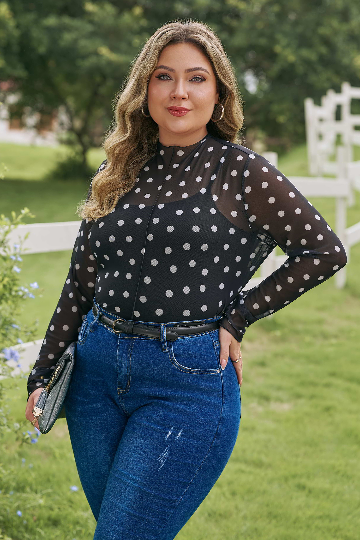 Plus Size Black  Mock Neck Polka Dot Long Sleeve Mesh Top