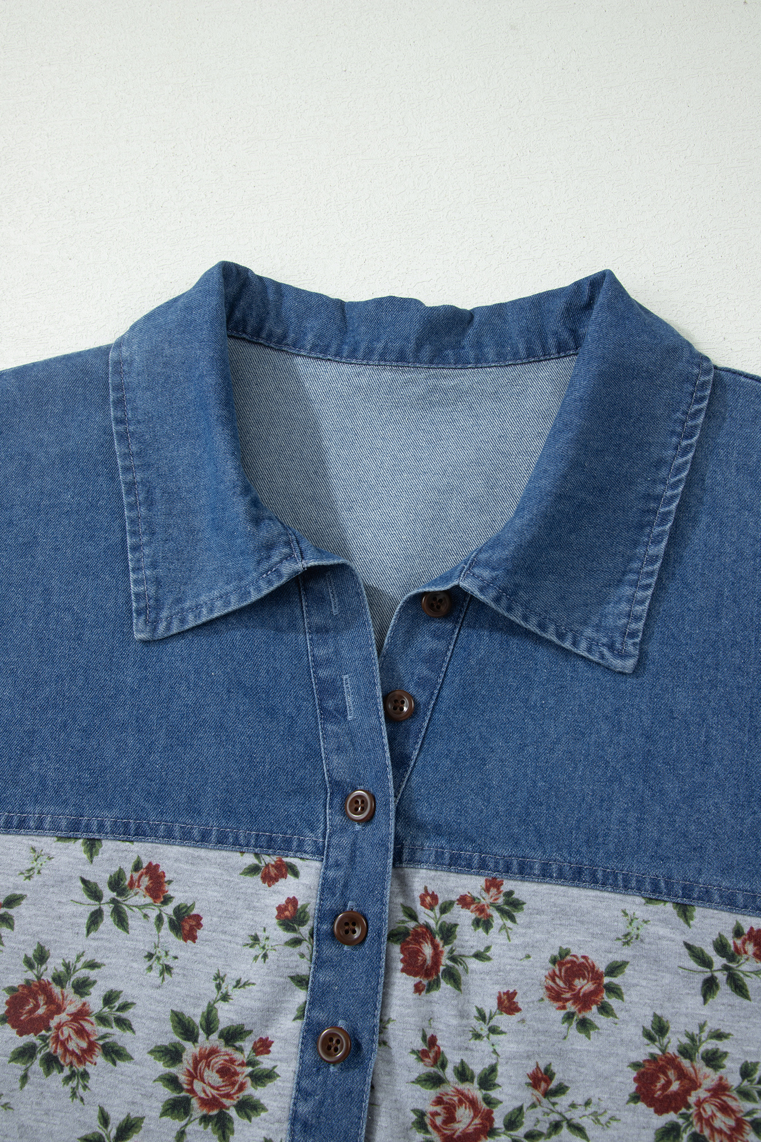 Plus Size Gray Retro Floral Print Denim Patchwork  Polo Tee