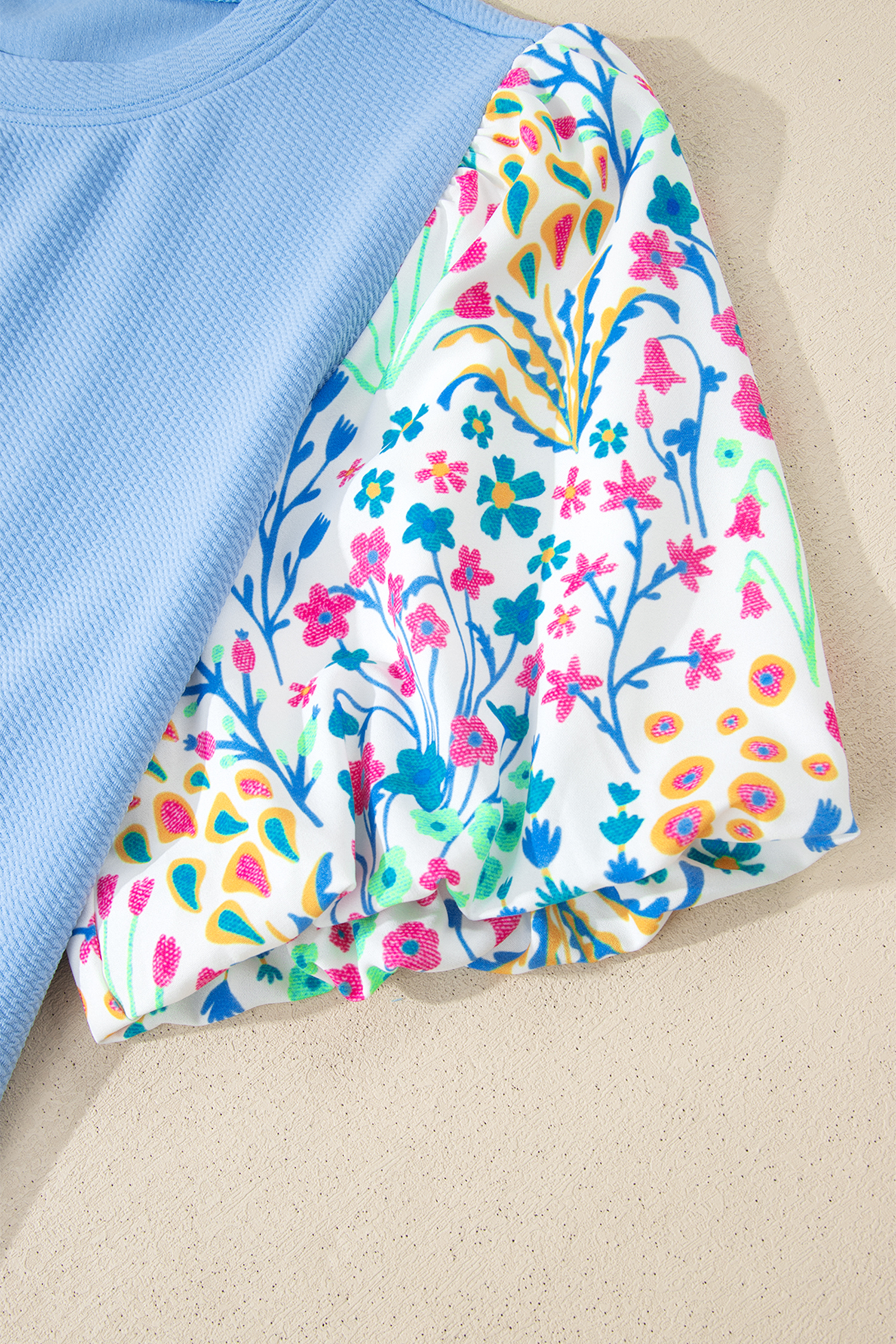 Plus Size Light Blue Textured Bodice Contrast Floral Sleeve  Top