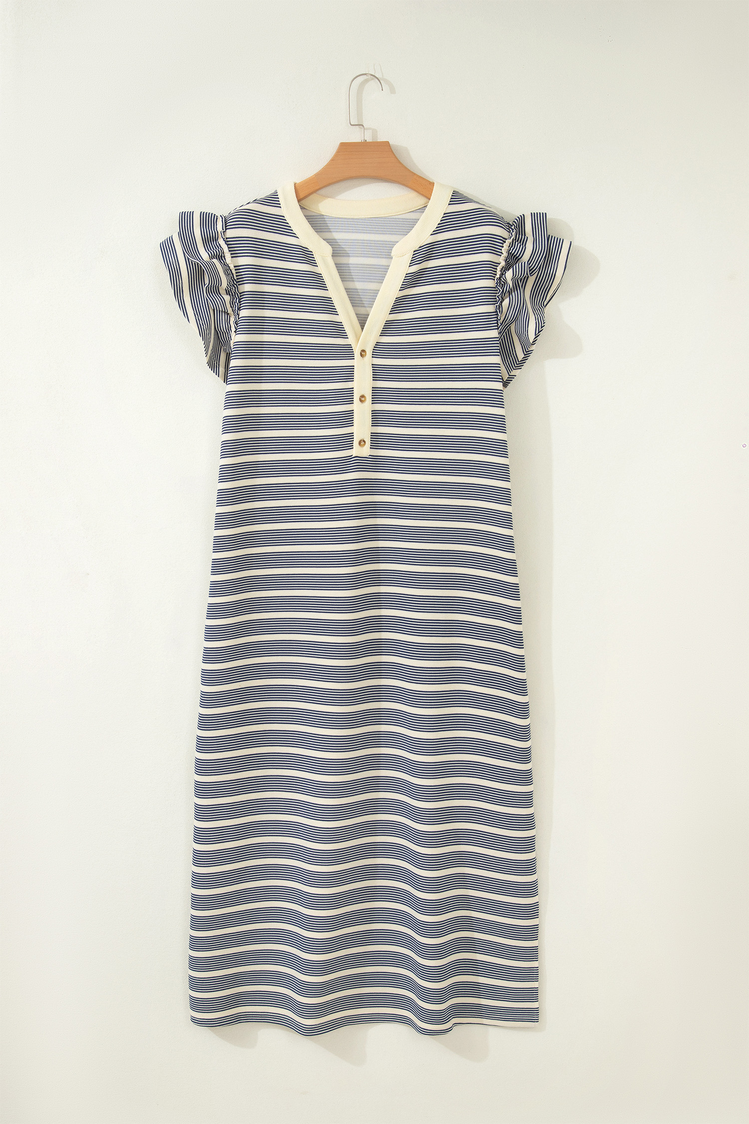 Plus Size Blue Stripe  Contrast Trim Button V Neck Ruffle Sleeve Shift Dress