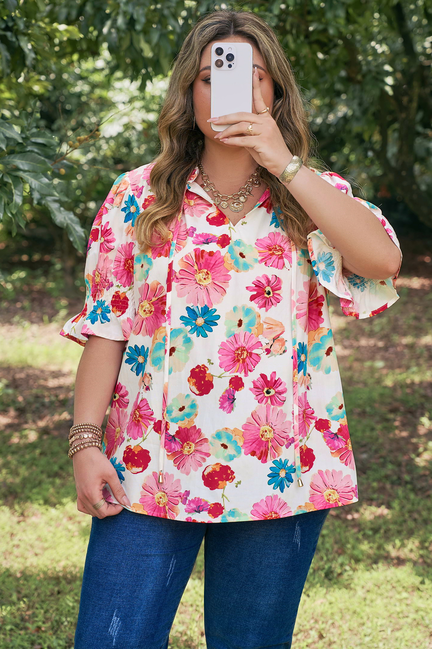 Plus Size Pink  Floral Print Ruched Short Sleeve Blouse