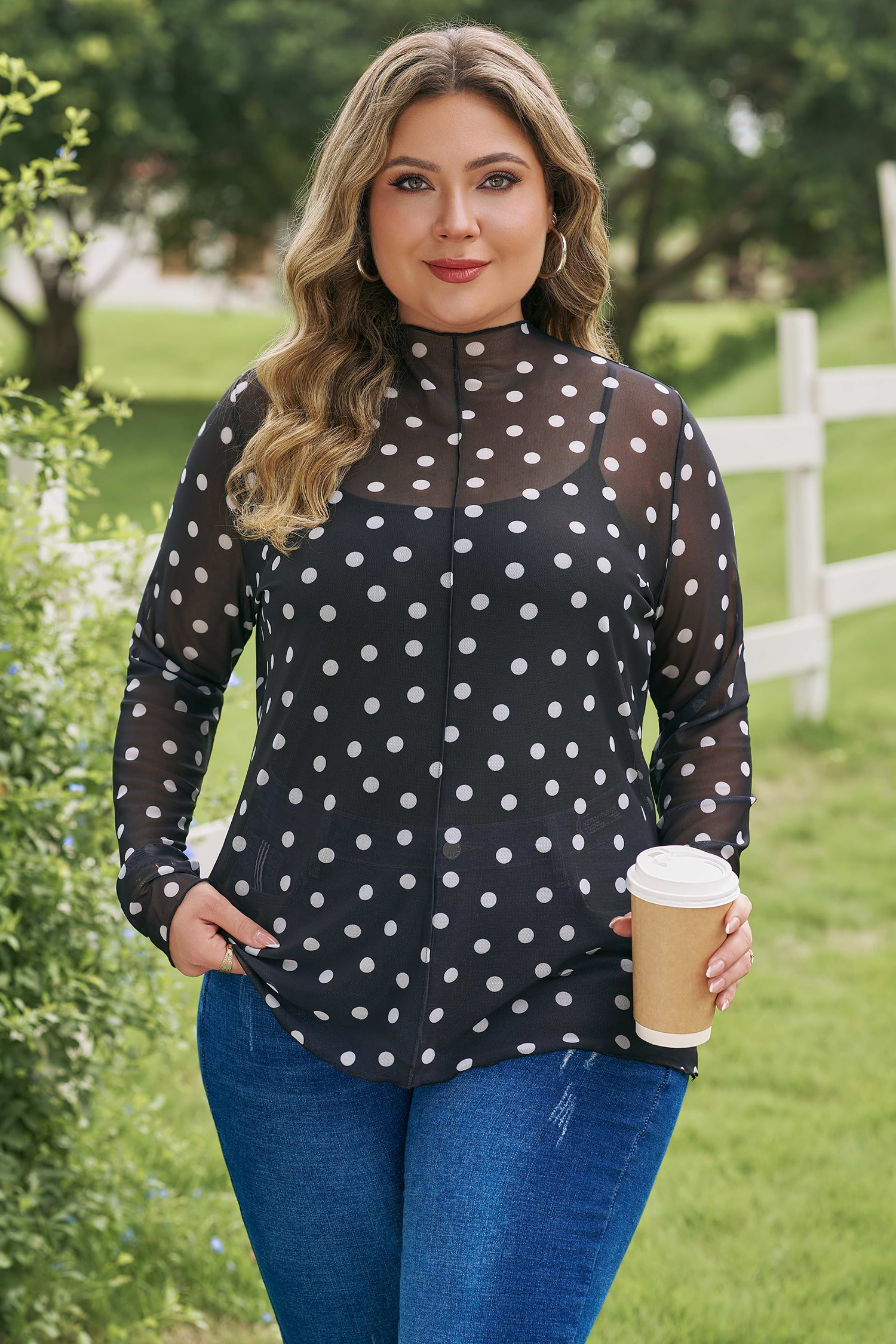 Plus Size Black  Mock Neck Polka Dot Long Sleeve Mesh Top