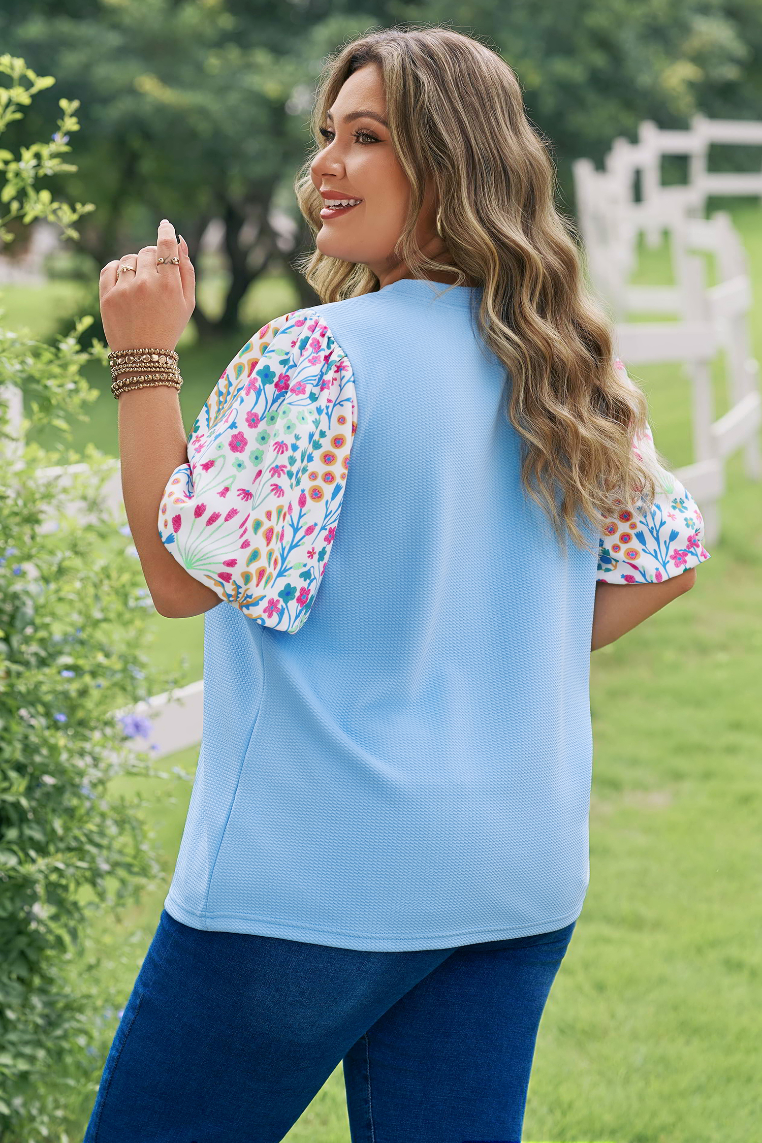 Plus Size Light Blue Textured Bodice Contrast Floral Sleeve  Top