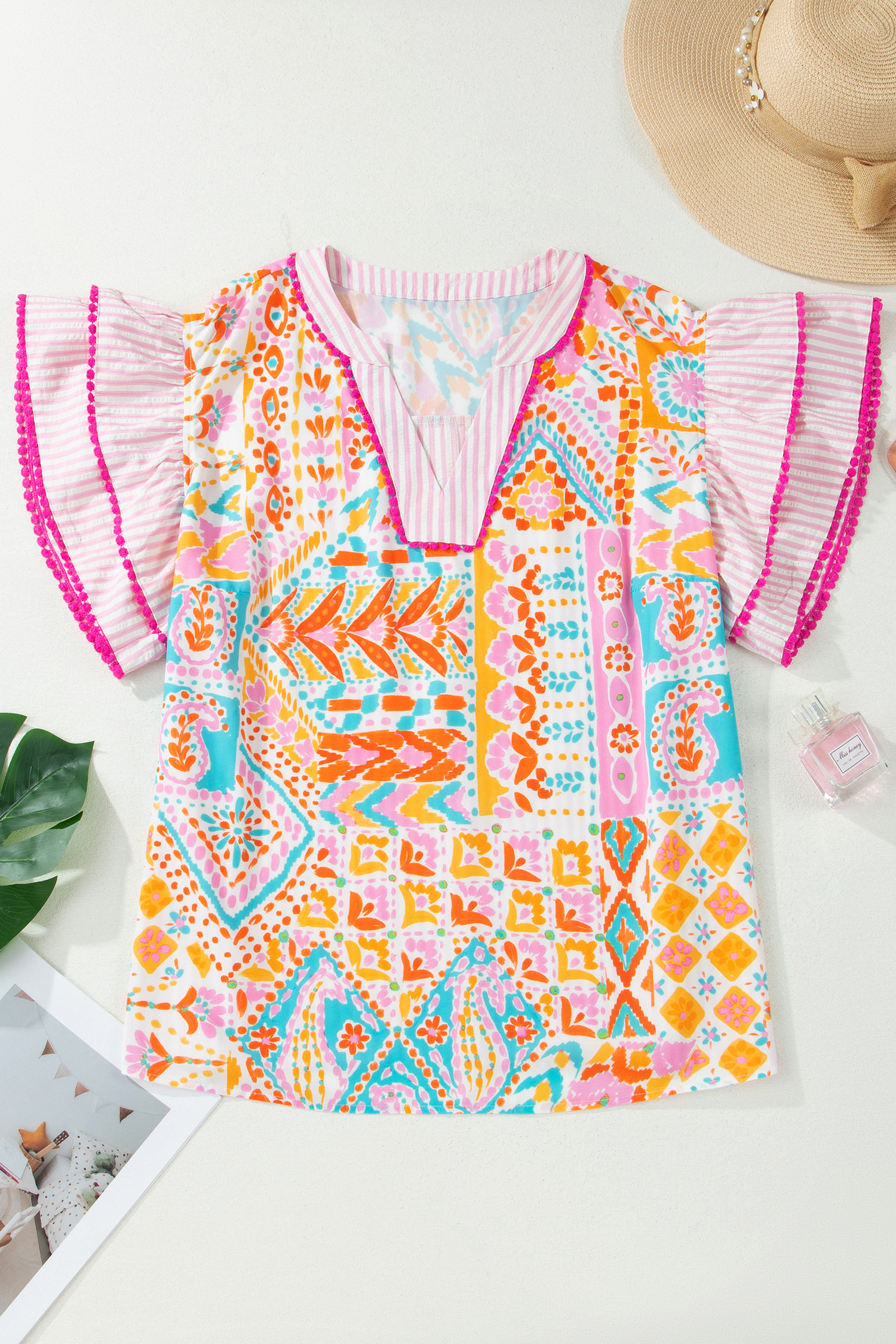 Plus Size Rose  Geometric Print Contrast Trim Striped V Neck Blouse