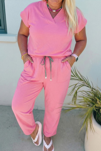 Plus Size Bonbon Solid V-Neck Tee and Drawstring  Pants Set