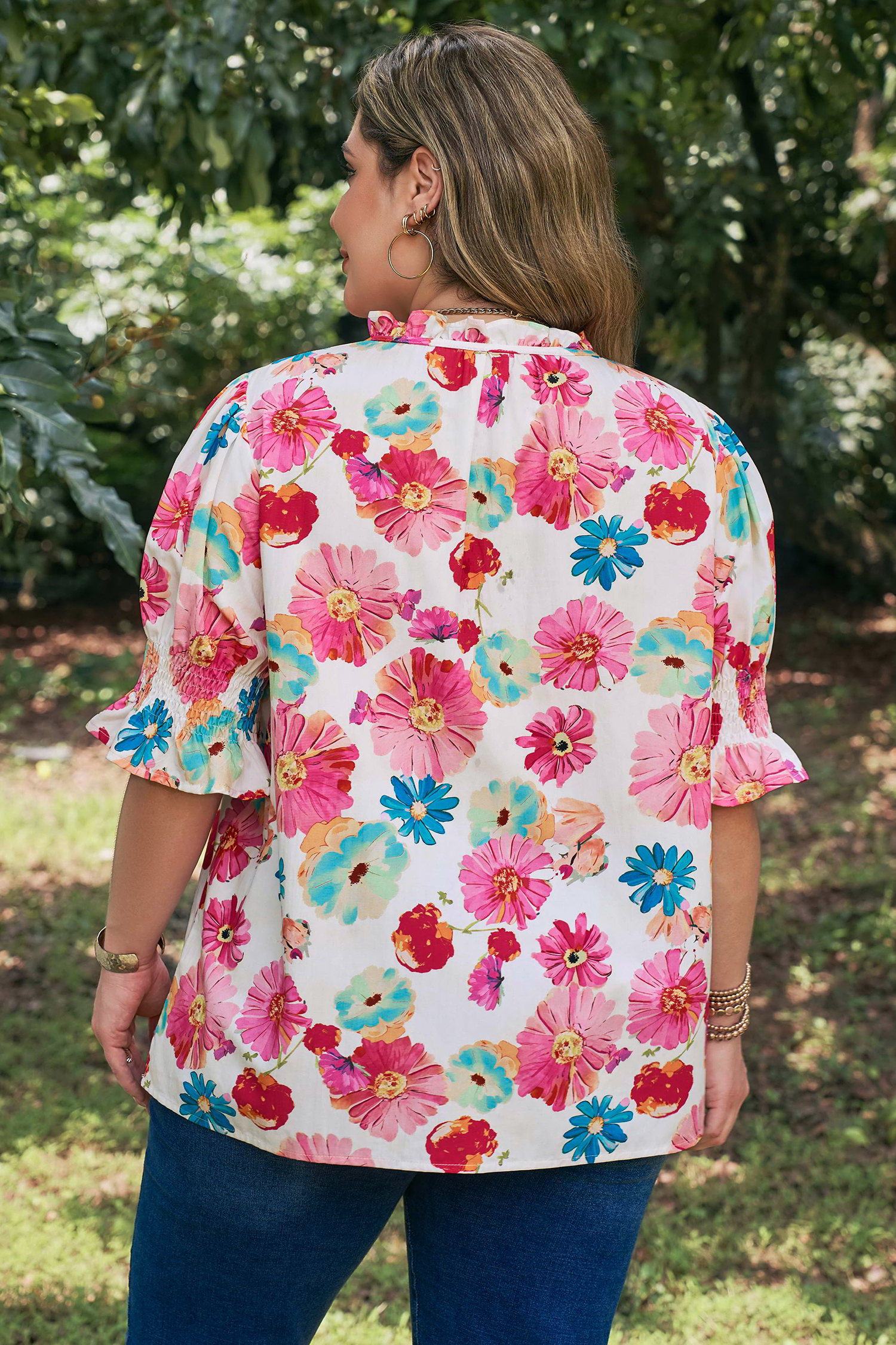 Plus Size Pink  Floral Print Ruched Short Sleeve Blouse