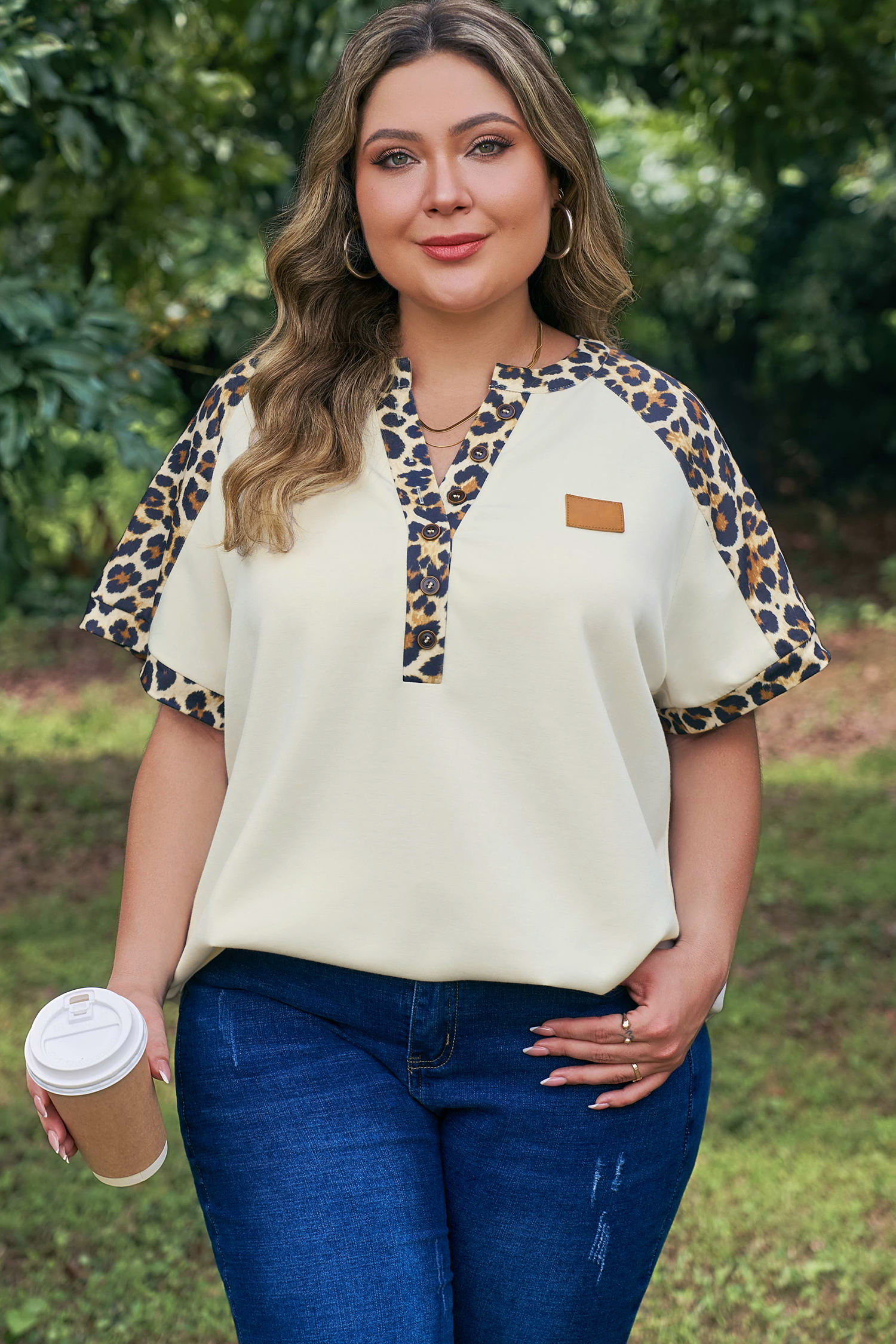Plus Size Beige  Leopard Contrast Patchwork Polo Tee