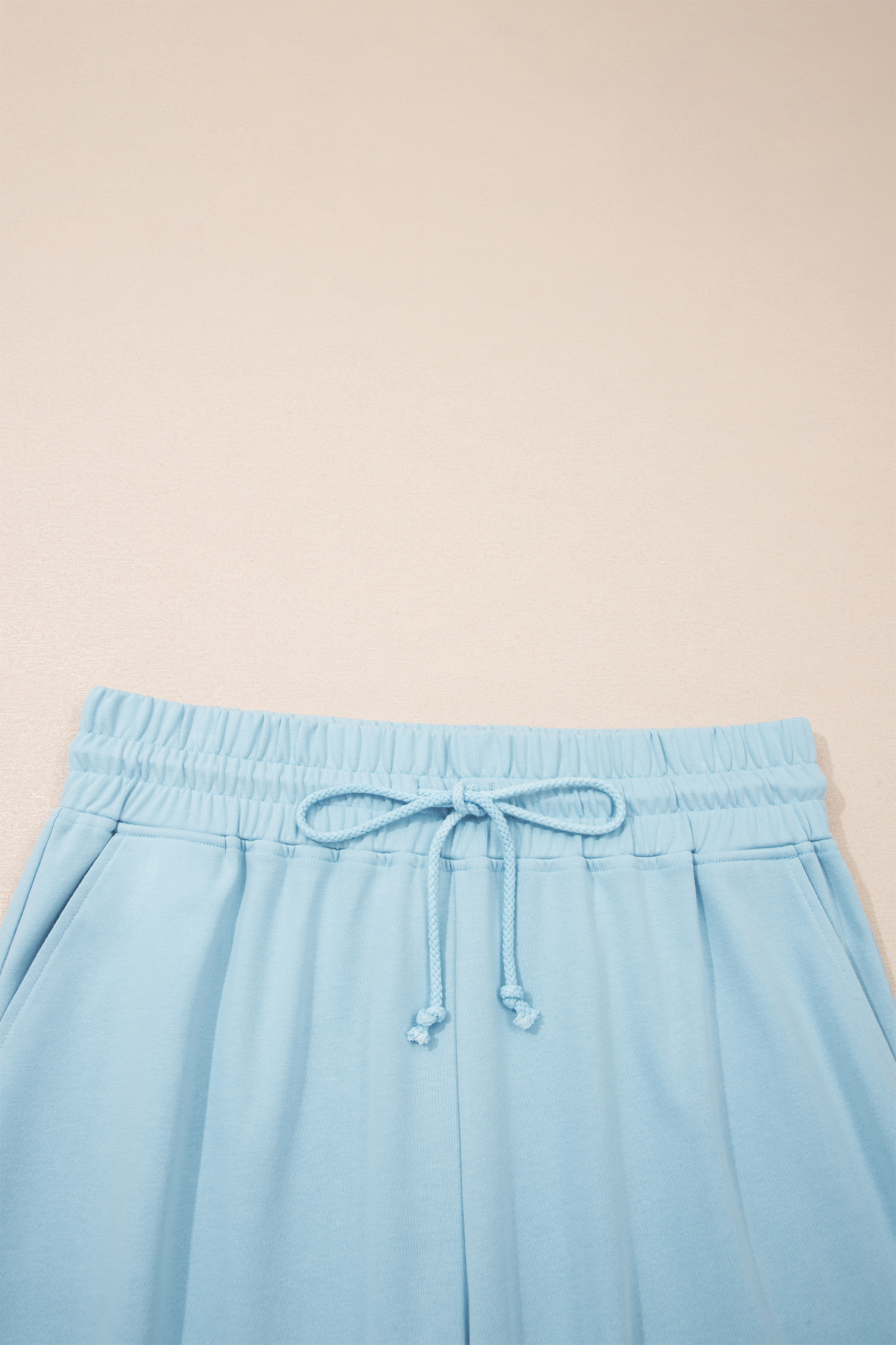 Mist Blue Solid Color Ribbed Trim Short Sleeve Top Drawstring Loose Pants 2pcs Outfit
