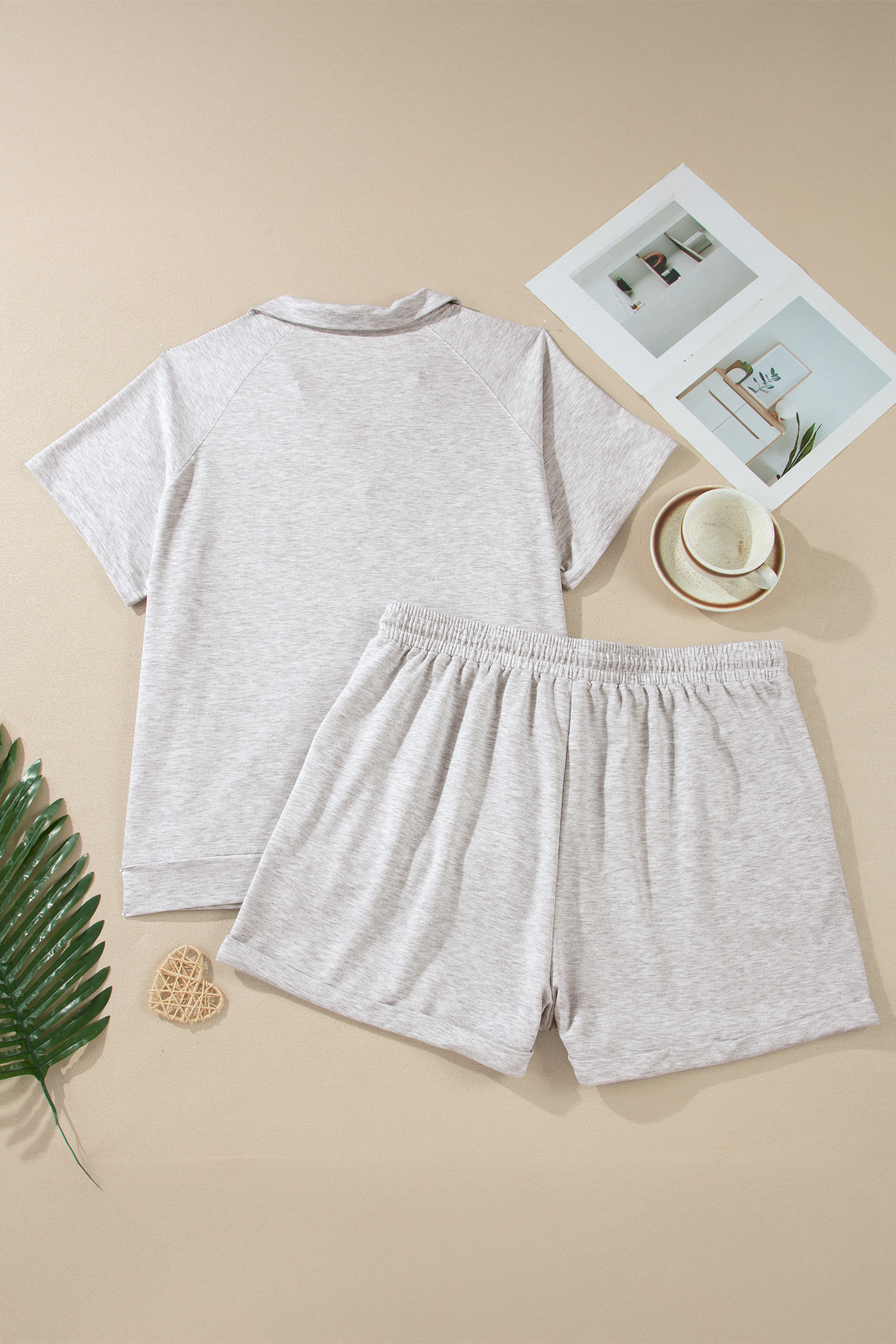 Plus Size Light Grey  Solid V-Neck Short Sleeve Elastic Waist Two-Piece Set