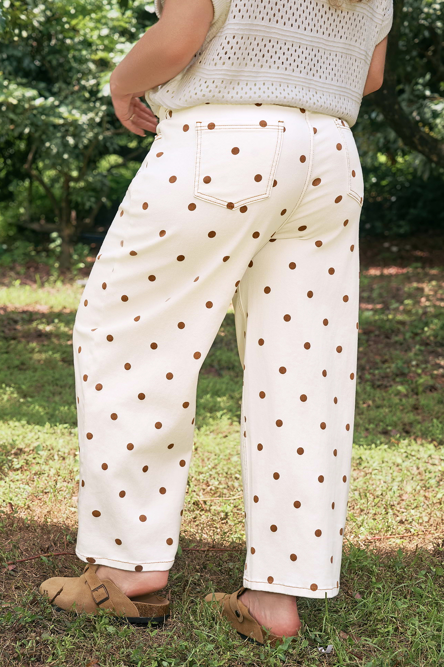 Plus Size Beige Polka Dot Print  Barrel Jeans