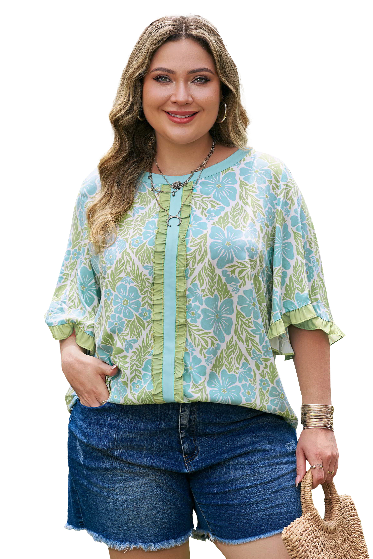 Plus Size Sky Blue  Floral Print Frilled Color Block Trim Short Sleeve Blouse