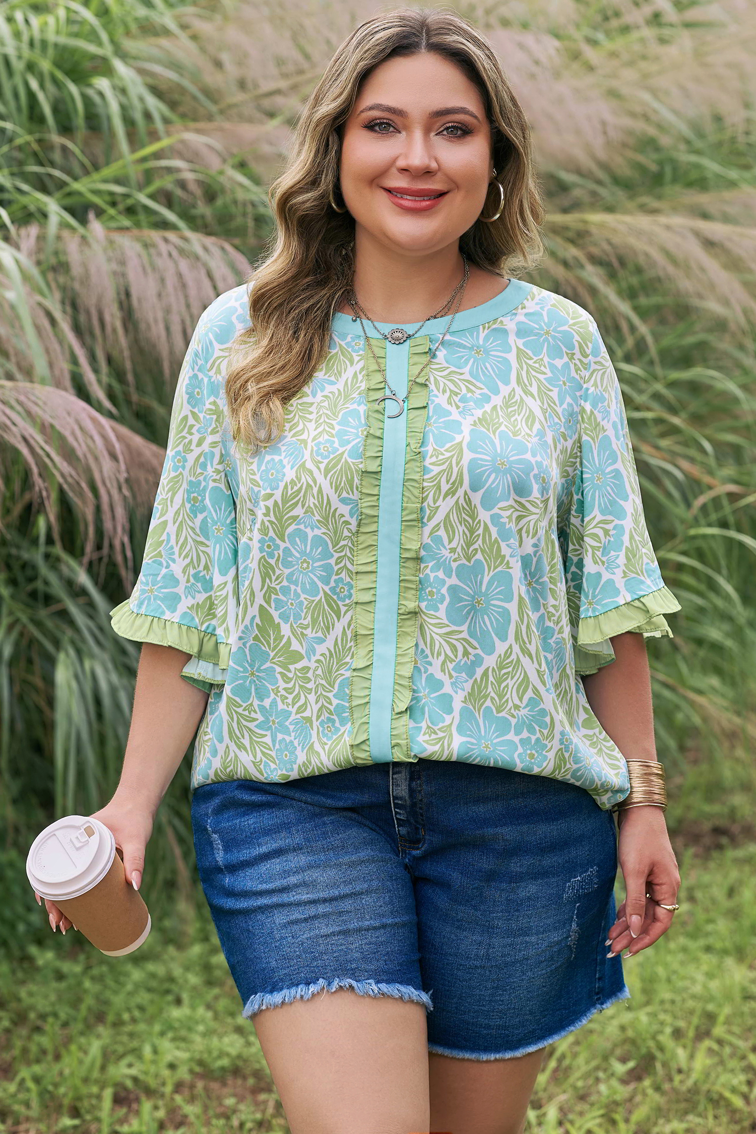 Plus Size Sky Blue  Floral Print Frilled Color Block Trim Short Sleeve Blouse
