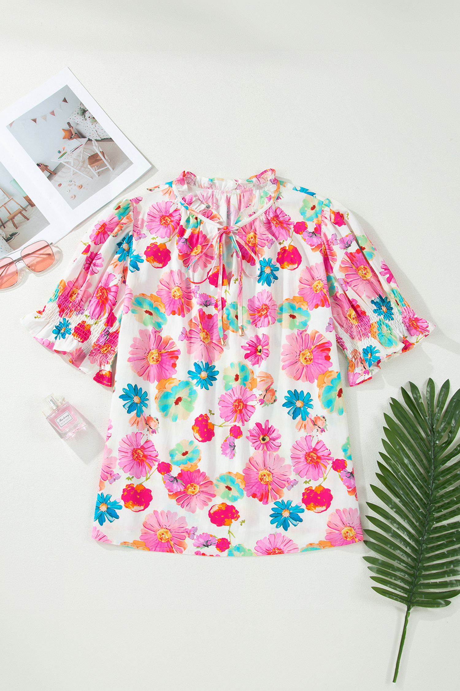 Plus Size Pink  Floral Print Ruched Short Sleeve Blouse