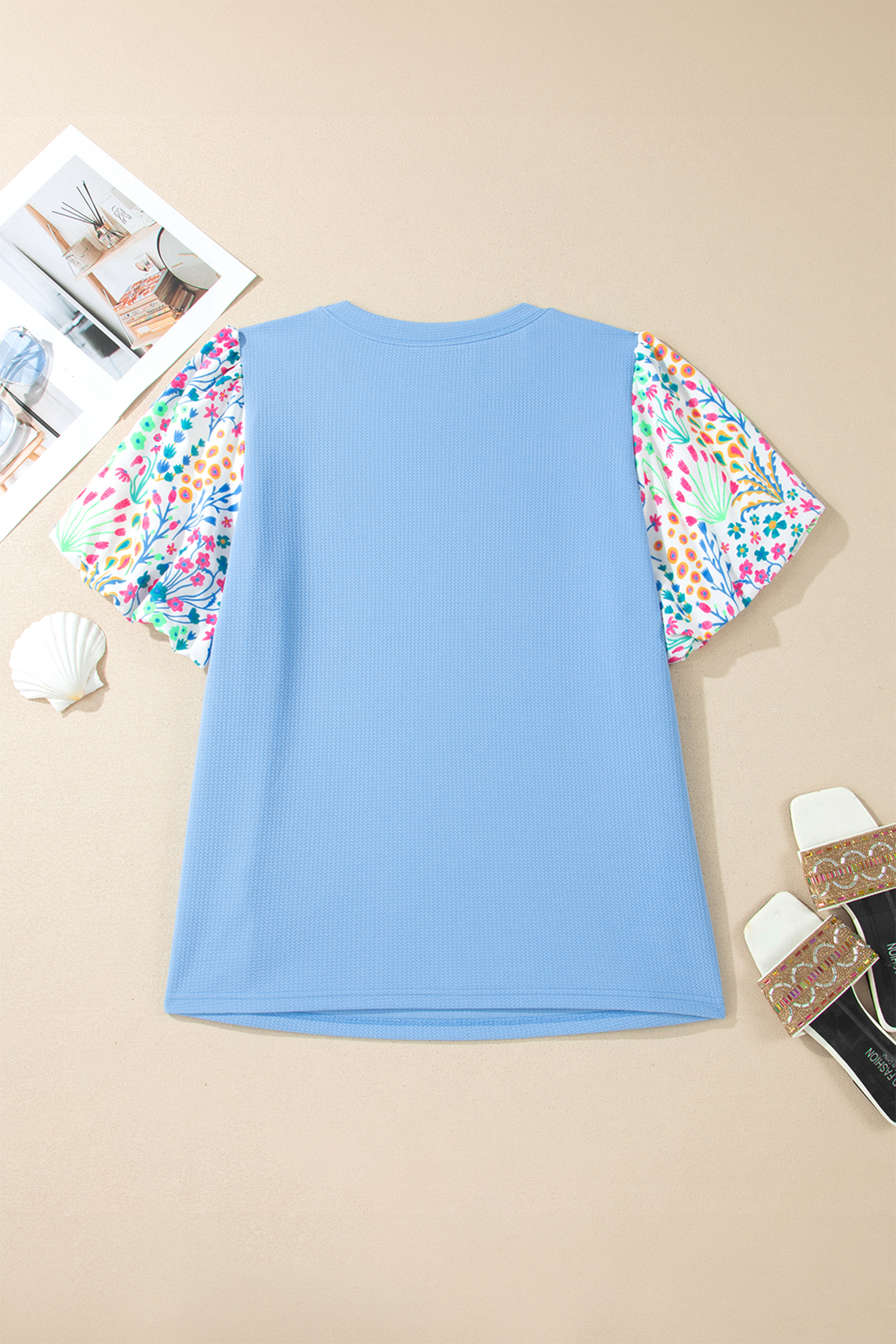 Plus Size Light Blue Textured Bodice Contrast Floral Sleeve  Top