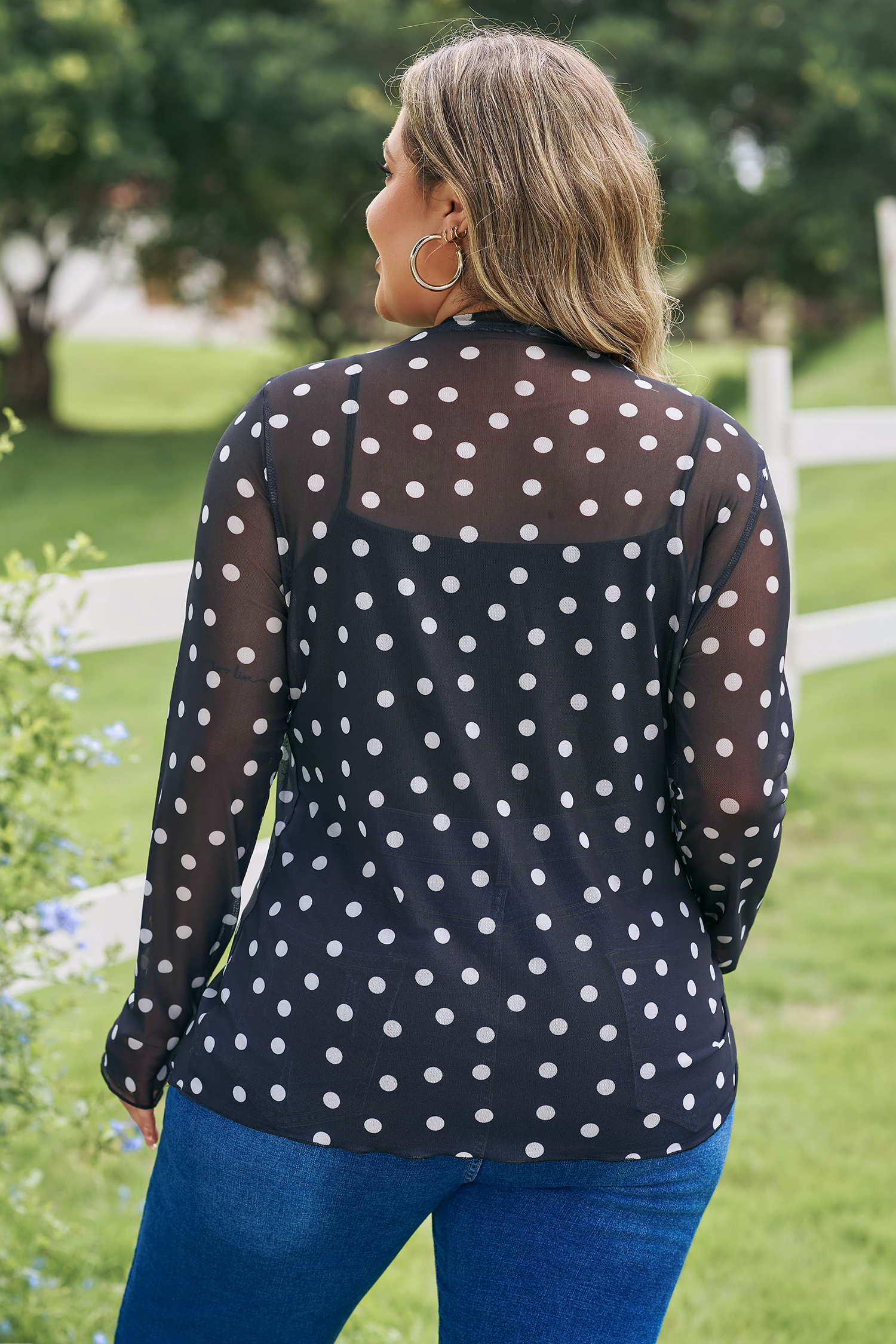 Plus Size Black  Mock Neck Polka Dot Long Sleeve Mesh Top